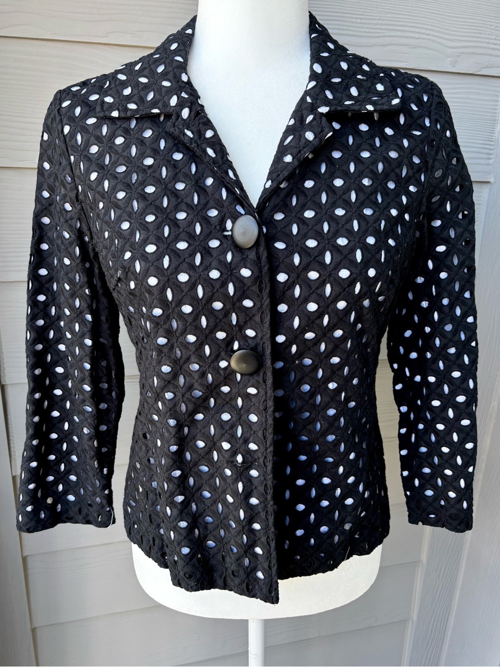 Charter Club Black White Eyelet Cotton Jacket Size Small Button Front